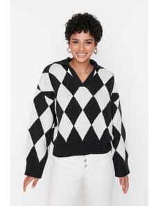 Trendyol Black Wide Fit Měkký texturovaný vzorovaný pletený svetr