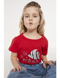 Trendyol Red Glitter Printed Girls' Knitted T-Shirt