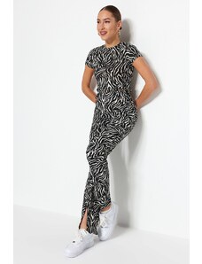 Trendyol Black Zebra Patterned Slit Detailed High Waist Straigth Knitted Trousers