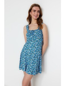 Trendyol Blue Printed Square Collar Ruffle A-Line Mini Knitted Dress