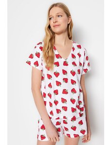 Trendyol White 100% Cotton Strawberry Patterned T-shirt-Shorts Knitted Pajamas Set