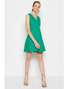 Trendyol zelené pasové mini tkané šaty s detailem záhybu