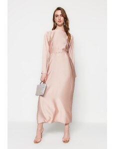 Trendyol Light Pink Belted Satin Evening Dress