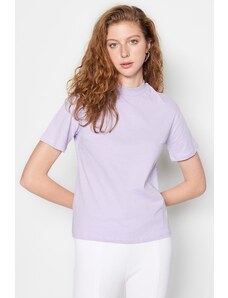 Trendyol Lilac 100% Cotton Basic Stand-Up Collar Knitted T-shirt