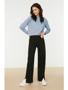 Trendyol Černé zapínání na knoflíky s vysokým pasem a rozparky 100% bavlna Široké džíny se širokými nohavicemi