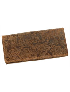 Hnědá pevná kožená peněženka Wild by Loranzo no. 651 s ornamenty květin