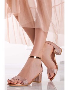 Mulanka Růžovozlaté třpytivé sandály na hrubém podpatku Amylee