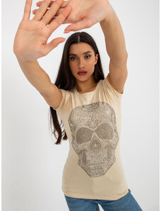 Fashionhunters Béžové vypasované tričko s kamínkovou aplikací
