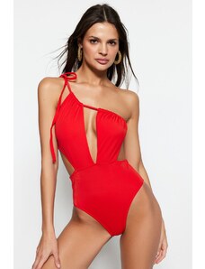 Trendyol červené plavky s výstřihem na jedno rameno / s oknem s vysokými nohavicemi