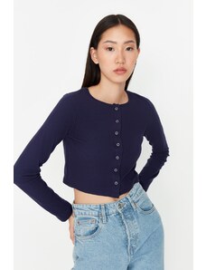 Trendyol Navy Blue Button Detailed Crop Crew Neck Ribbed Stretch Knitted Blouse