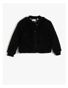 Koton Boys Black Plush Bomber Collar Buttoned Sweatshirt