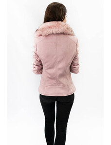 Libland Dámská semišová bunda ramoneska v pudrově růžové barvě s kožešinou (6501)