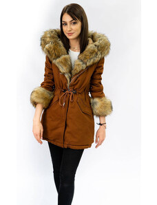 SPEED.A Bavlněná dámská zimní bunda parka v karamelové barvě s kožešinovou podšívkou (xw793x)