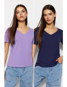 Trendyol Navy Blue-Lilac 100% Cotton Pack of 2 Basic V-Neck Knitted T-Shirt