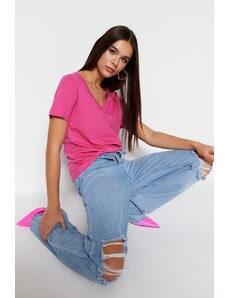 Trendyol Pink 100% Cotton Basic V-Neck Knitted T-Shirt