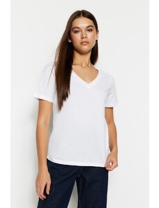 Trendyol White 100% Cotton Basic V-Neck Knitted T-Shirt