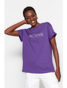 Trendyol Purple 100% Cotton Printed Boyfriend Crew Neck Knitted T-Shirt