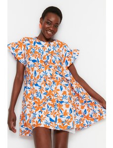 Trendyol oranžové květinové mini tkané šaty širokého střihu