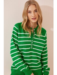 Happiness İstanbul Women's Vibrant Green Buttoned Collar Striped Knitwear Sweater
