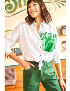 Olalook Women's White Green Pocket Detailed Oversize Woven Shirt