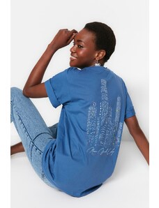 Trendyol Indigo 100% Cotton Back Printed Boyfriend Fit Crew Neck Knitted T-Shirt