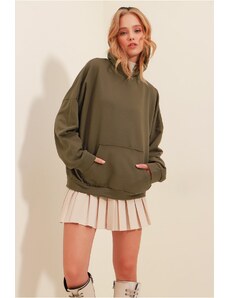 Trend Alaçatı Stili Women's Khaki Hooded Kangaroo Pocket 3 Thread Thick Sweatshirt