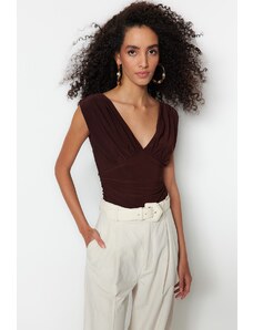 Trendyol Bitter Brown V-Neck Drape Detailed Fitted/Sleepy, Flexible Knitted Bodysuit