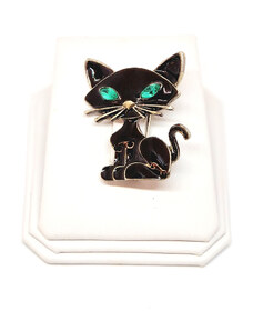 SkloBižuterie-H Brož Kočička černá se smaragdovýma očima
