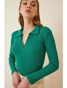 Happiness İstanbul Women's Vivid Green Polo Neck Ribbed Knitted Blouse