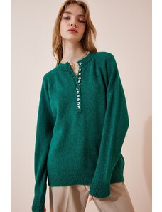 Happiness İstanbul Women's Dark Green Buttoned Collar Knitwear Sweater