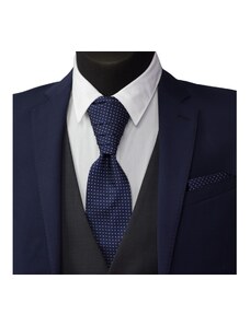 Quentino Tmavě modrá svatební kravata s kapesníčkem - Regata se stříbrnými trojúhelníčky