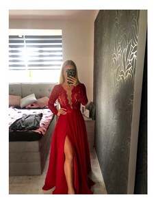 Marizu Fashion nádherné červené krajkové plesové společenské šaty s dlouhým rukávem