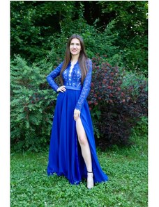 Marizu Fashion nádherné modré krajkové plesové společenské šaty s dlouhým rukávem