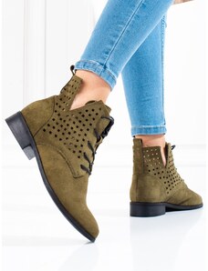 W. POTOCKI Designové dámské kotníčkové boty zelené na plochém podpatku