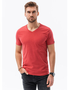 Ombre Clothing Pánské klasické tričko BASIC s výstřihem do V - červená melanž V17 S1369