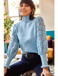 Olalook Dámský dětský modrý rukáv Detailní měkký texturovaný pletený svetr