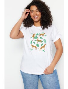 Trendyol Curve White Crew Neck Animal Printed Knitted T-Shirt
