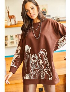 Olalook Women's Bitter Brown Figured Oversize Sweatshirt