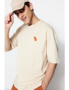 Trendyol Beige Oversize Crew Neck Krátký rukáv Fox Vyšívané tričko ze 100% bavlny