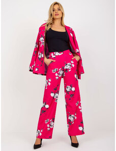 Fashionhunters Fuchsiové široké látkové kalhoty s růžičkami z obleku