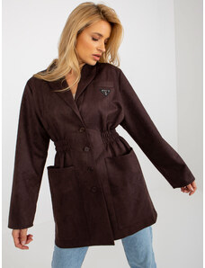 Fashionhunters Tmavě hnědý kabát bundového střihu s kapsami