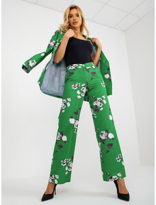 Fashionhunters Zelené široké látkové kalhoty s květinami z obleku