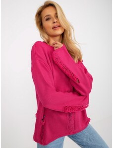 Fashionhunters Fuchsiový dámský oversize svetr s dírami s vlnou