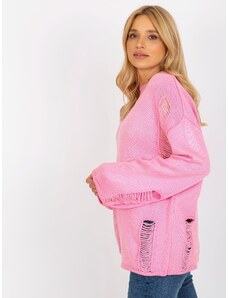 Fashionhunters Růžový dámský oversize svetr s dírami
