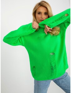 Fashionhunters Fluo zelený oversize svetr s dírami a dlouhým rukávem
