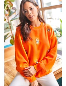 Olalook Women's Orange Eye Embroidered Inner Fleece Oversize Thick Sweatshirt