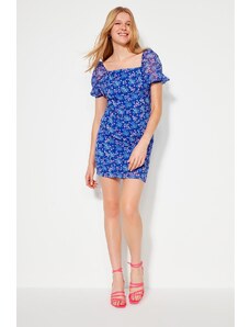 Trendyol Navy Blue Fitted Chiffon Mini Dress with Woven Lined and with a Floral Pattern