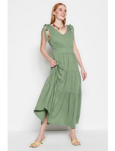 Trendyol Khaki A-Cut Flounce V-Neck Maxi Woven Dress