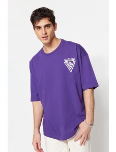 Trendyol fialová oversize posádka s krátkým rukávem město s potiskem 100% bavlněné tričko