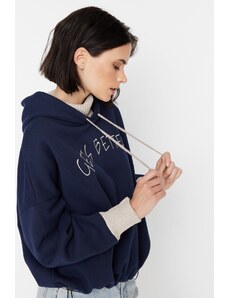 Trendyol Navy Blue Thick Fleece Knitwear Tape Detailed Hooded Knitted Sweatshirt